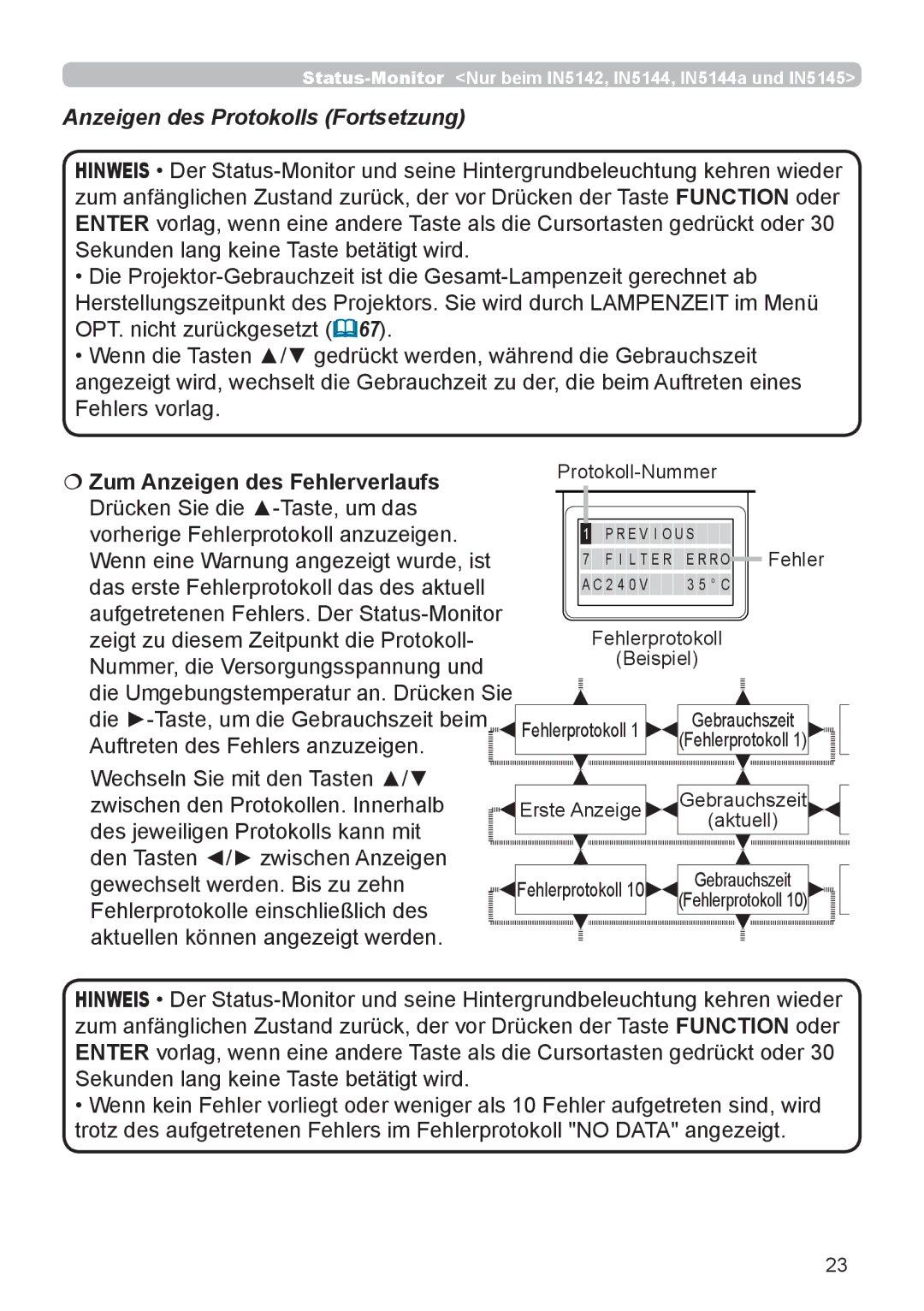 InFocus IN5132 Anzeigen des Protokolls Fortsetzung,  Zum Anzeigen des Fehlerverlaufs, Protokoll-Nummer, Erste Anzeige 