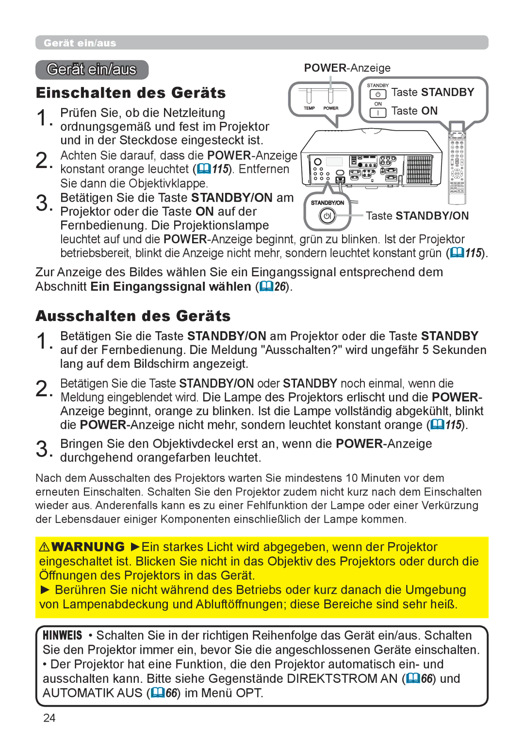 InFocus IN5132 user manual Gerät ein/aus, Einschalten des Geräts, Ausschalten des Geräts, POWER-Anzeige 