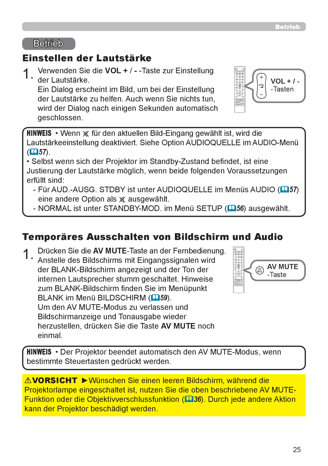 InFocus IN5132 user manual Betrieb, Einstellen der Lautstärke, Temporäres Ausschalten von Bildschirm und Audio 