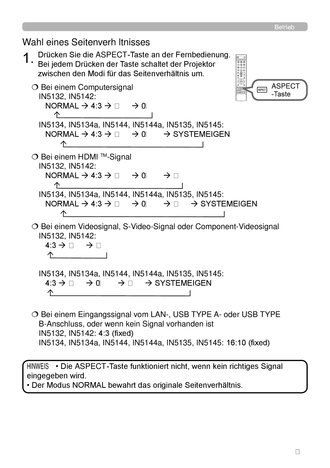 InFocus user manual Wahl eines Seitenverhältnisses,  Bei einem Computersignal IN5132, IN5142 