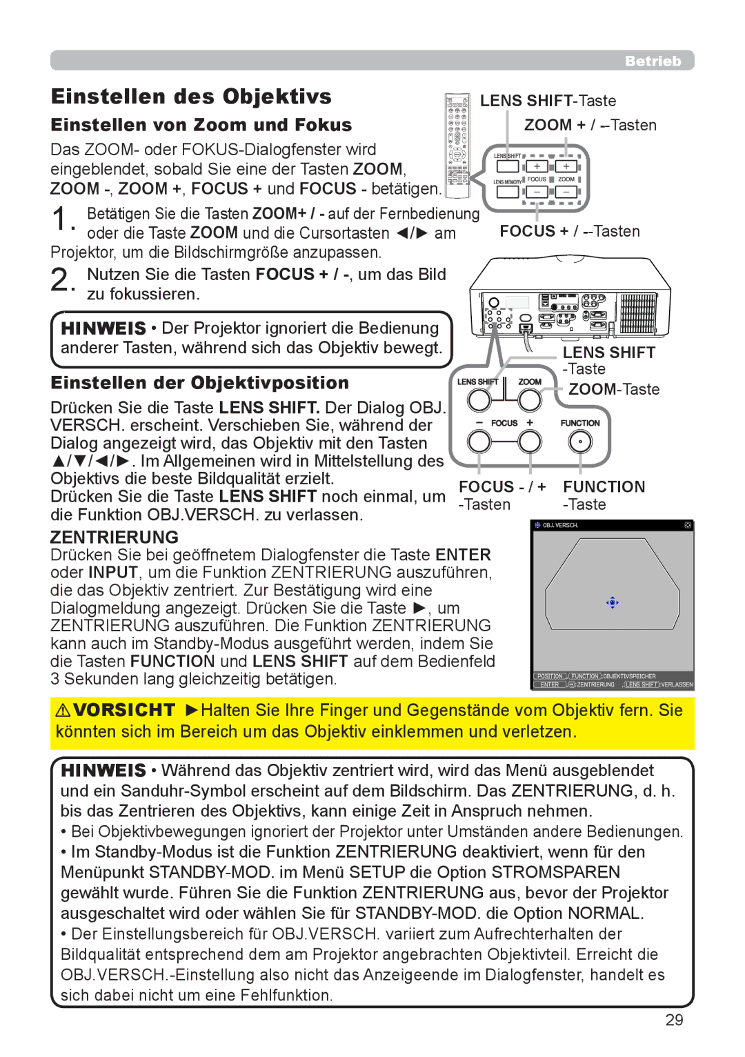 InFocus IN5132 user manual Einstellen des Objektivs, Einstellen von Zoom und Fokus, Einstellen der Objektivposition 