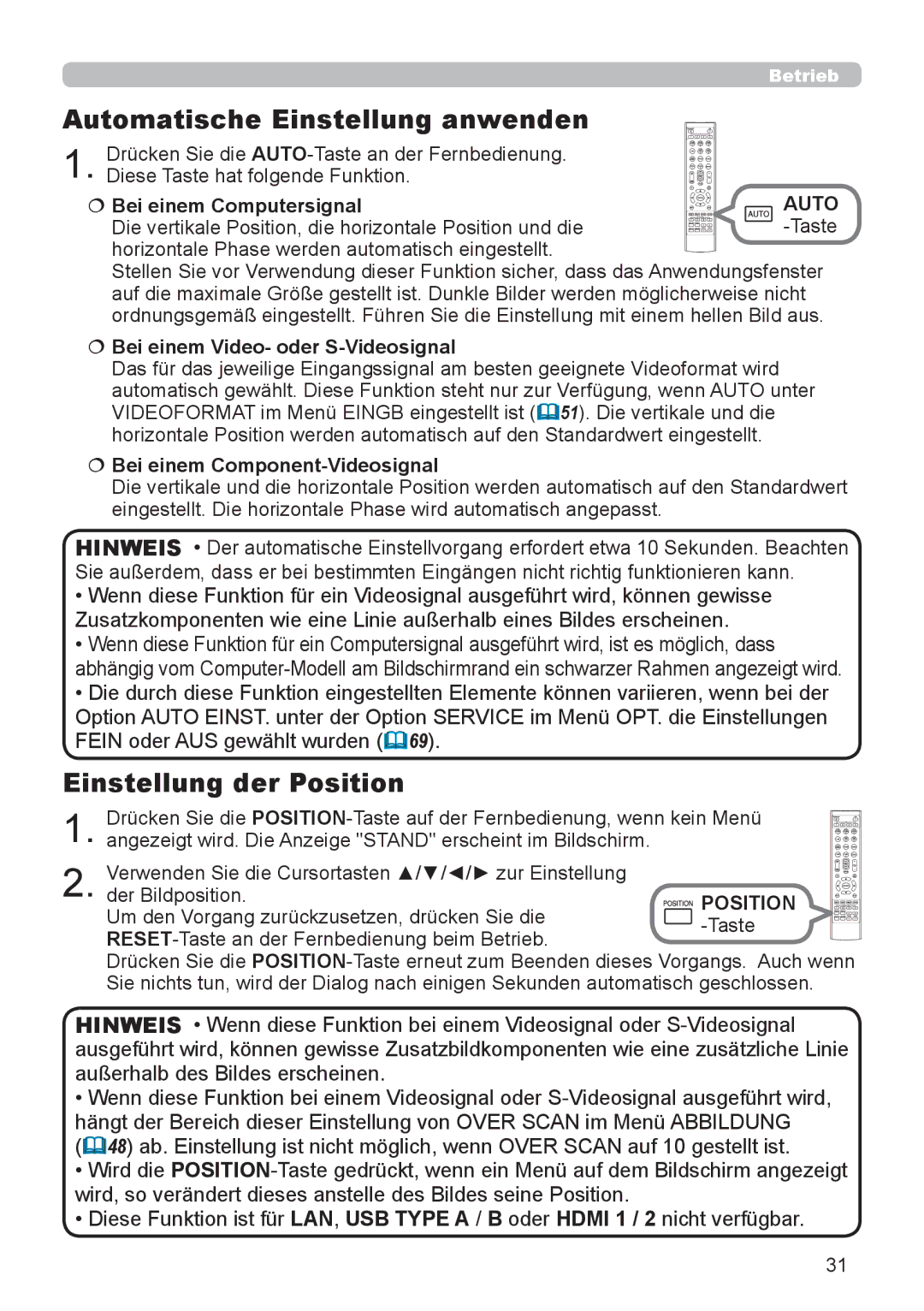 InFocus IN5132 Automatische Einstellung anwenden, Einstellung der Position,  Bei einem Video- oder S-Videosignal 