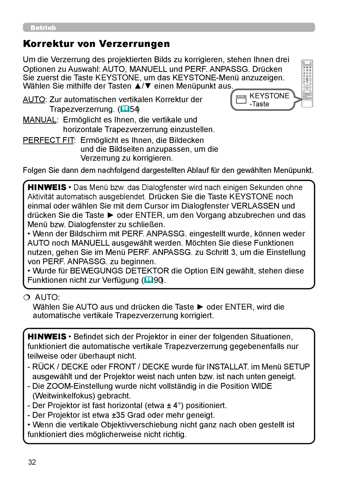 InFocus IN5132 user manual Korrektur von Verzerrungen, Keystone 