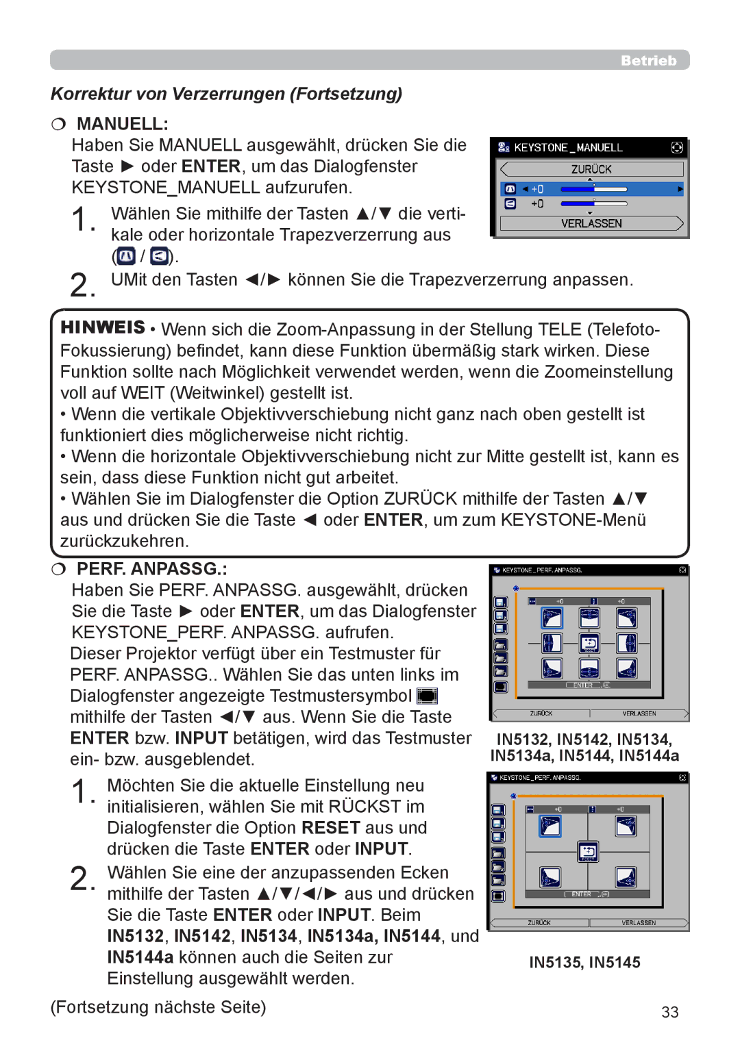 InFocus IN5132 user manual Korrektur von Verzerrungen Fortsetzung,  Manuell 