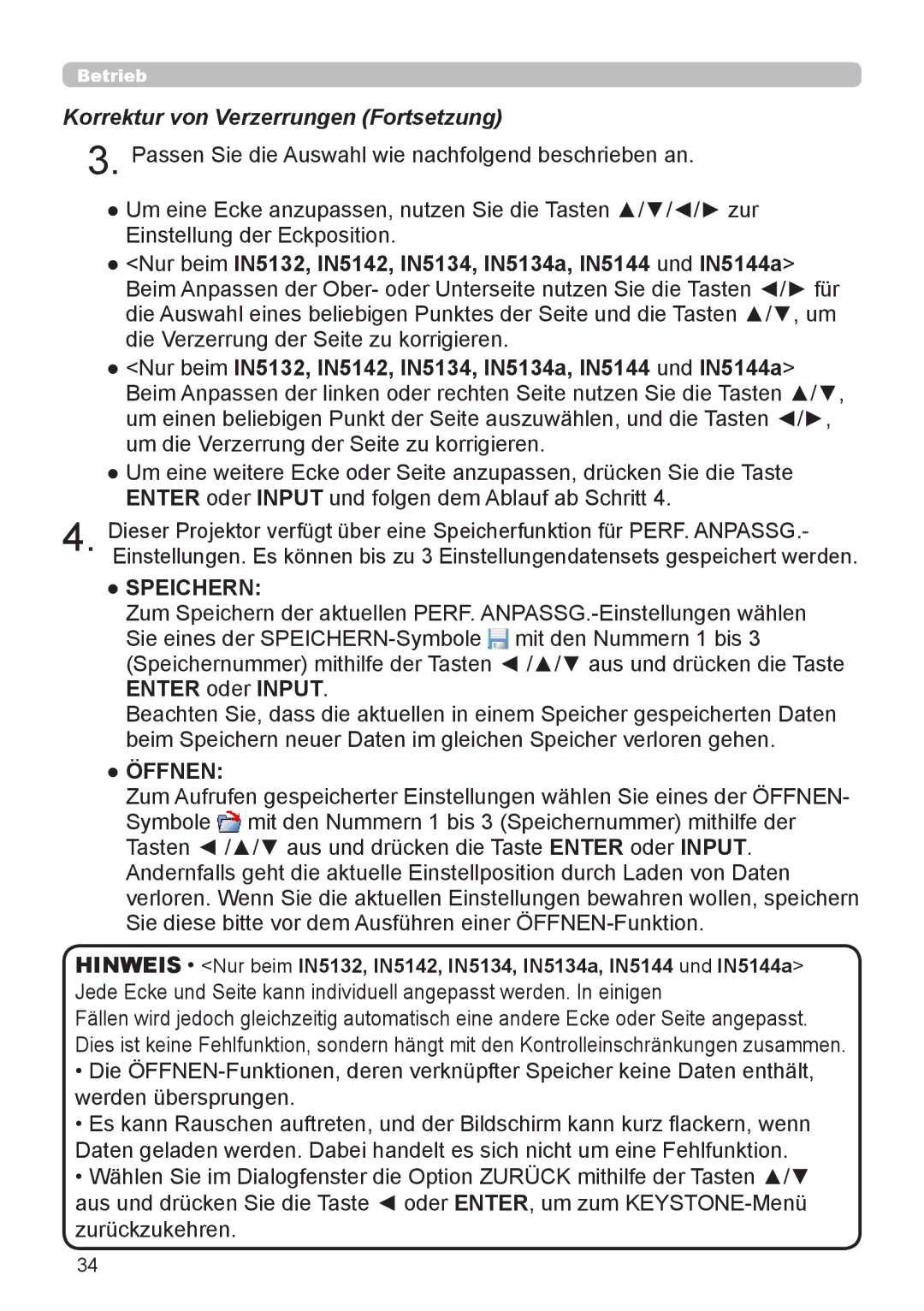 InFocus user manual Nur beim IN5132, IN5142, IN5134, IN5134a, IN5144 und IN5144a, Enter oder Input 