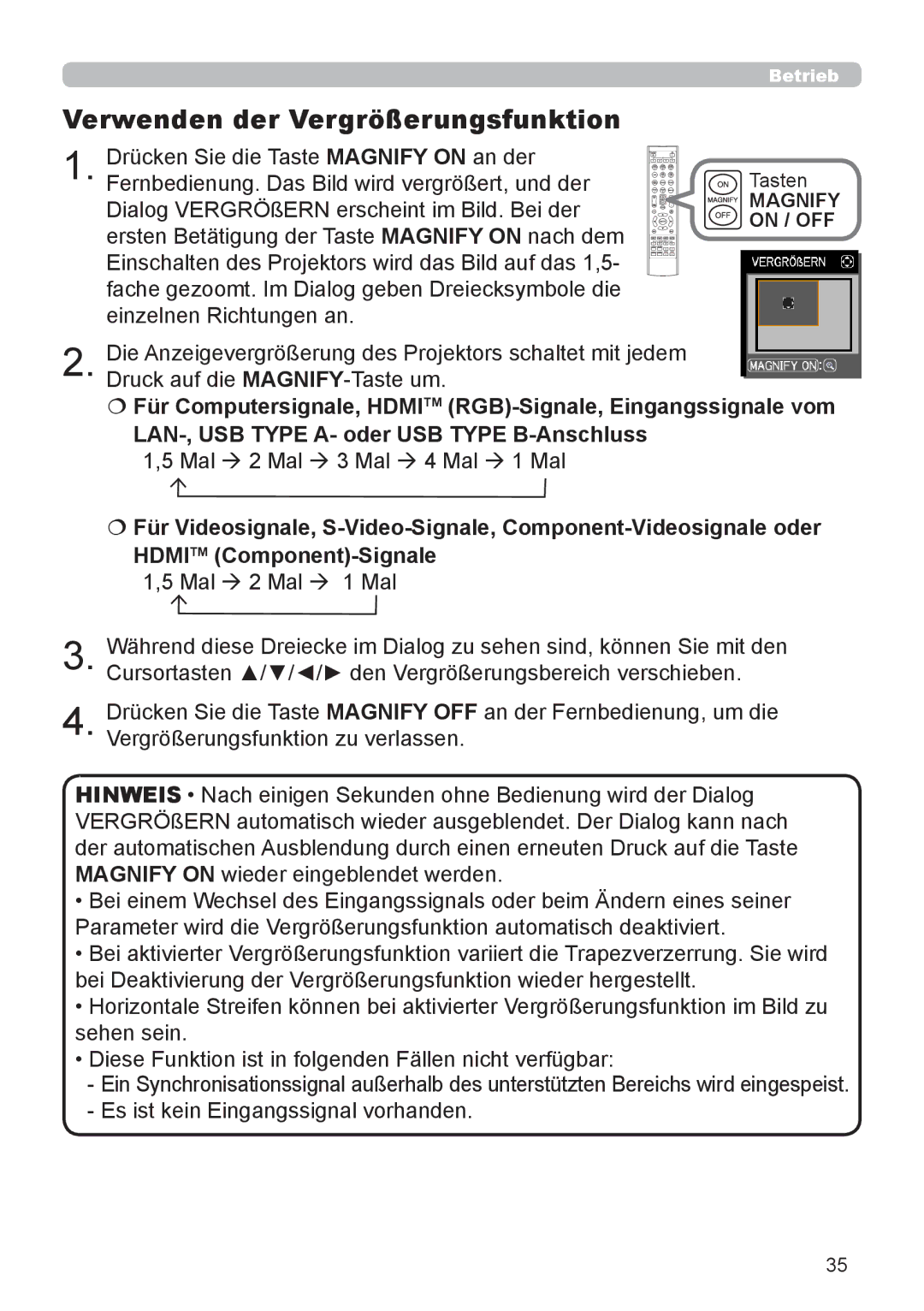 InFocus IN5132 user manual Verwenden der Vergrößerungsfunktion, Magnify On / OFF 