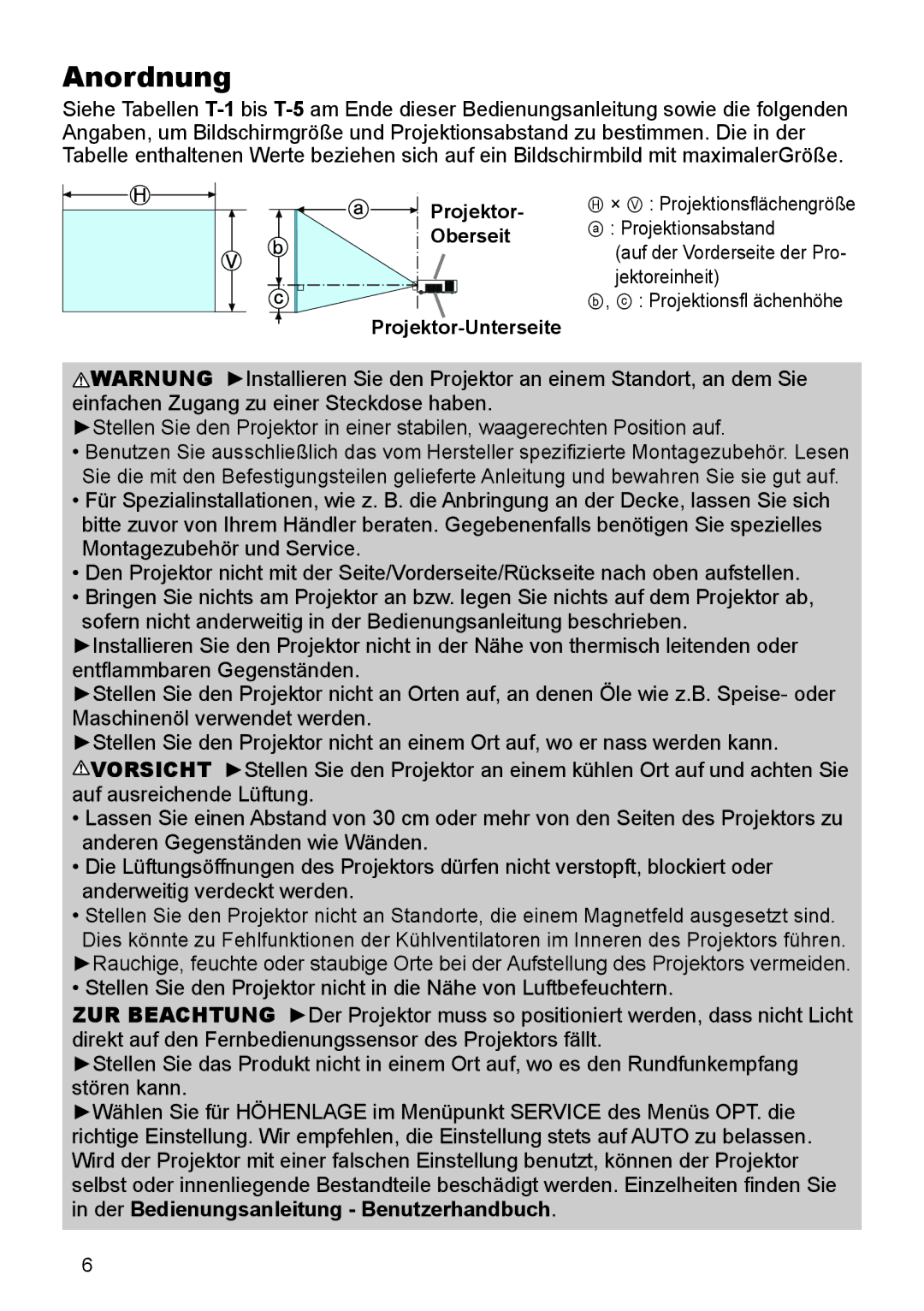 InFocus IN5132 user manual Anordnung, Projektor-Unterseite 