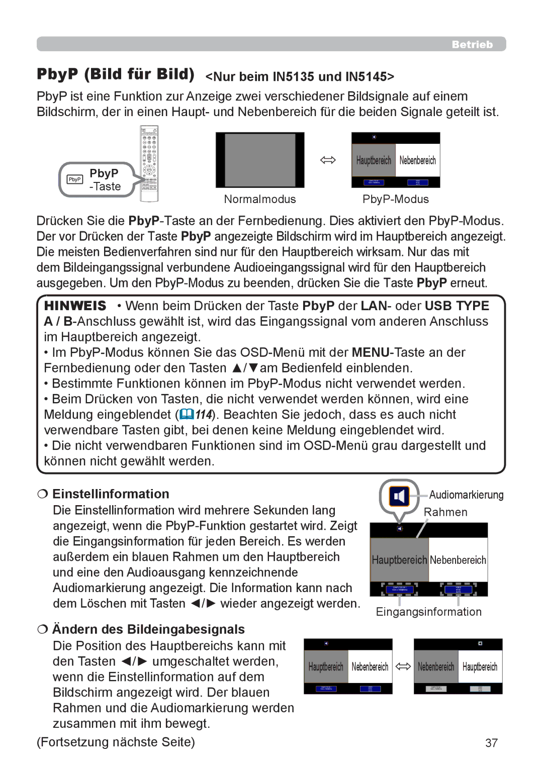 InFocus IN5132 PbyP Bild für Bild Nur beim IN5135 und IN5145,  Einstellinformation,  Ändern des Bildeingabesignals 