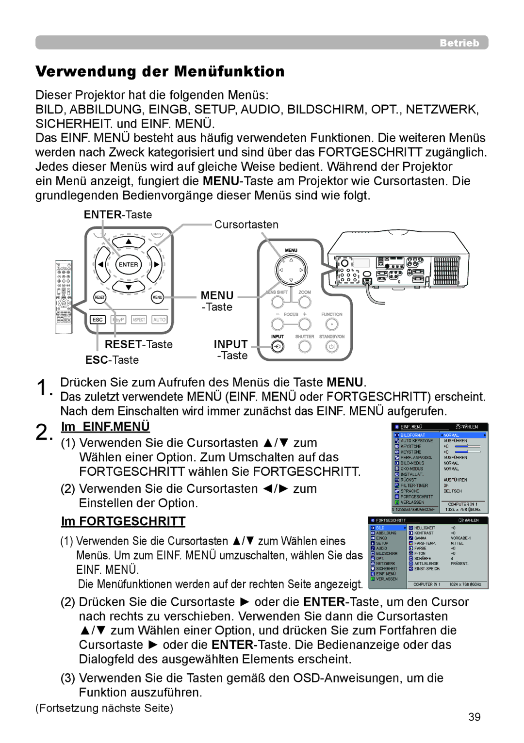 InFocus IN5132 user manual Verwendung der Menüfunktion, Drücken Sie zum Aufrufen des Menüs die Taste Menu, Im EINF.MENÜ 