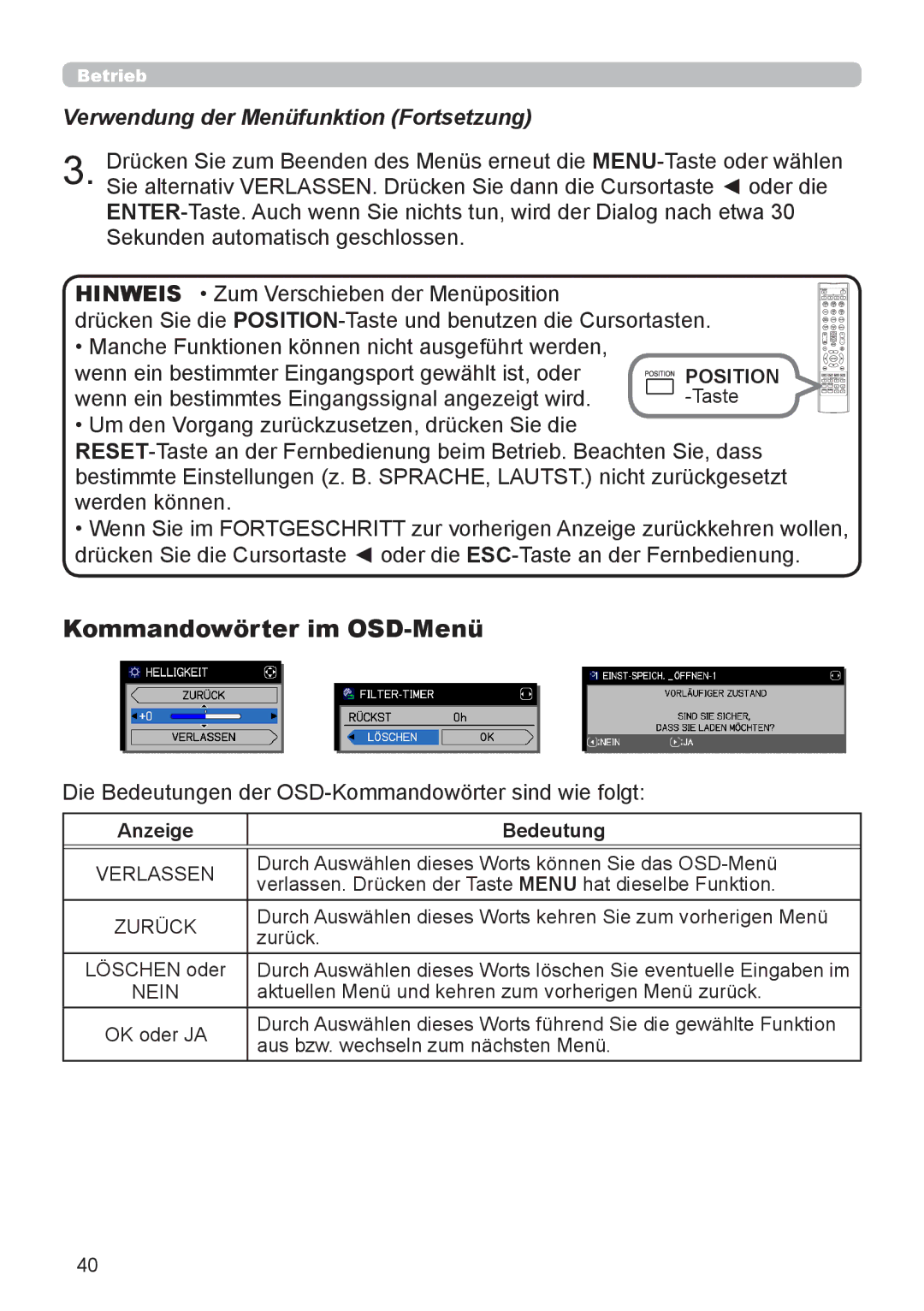 InFocus IN5132 Verwendung der Menüfunktion Fortsetzung, Die Bedeutungen der OSD-Kommandowörter sind wie folgt, Position 