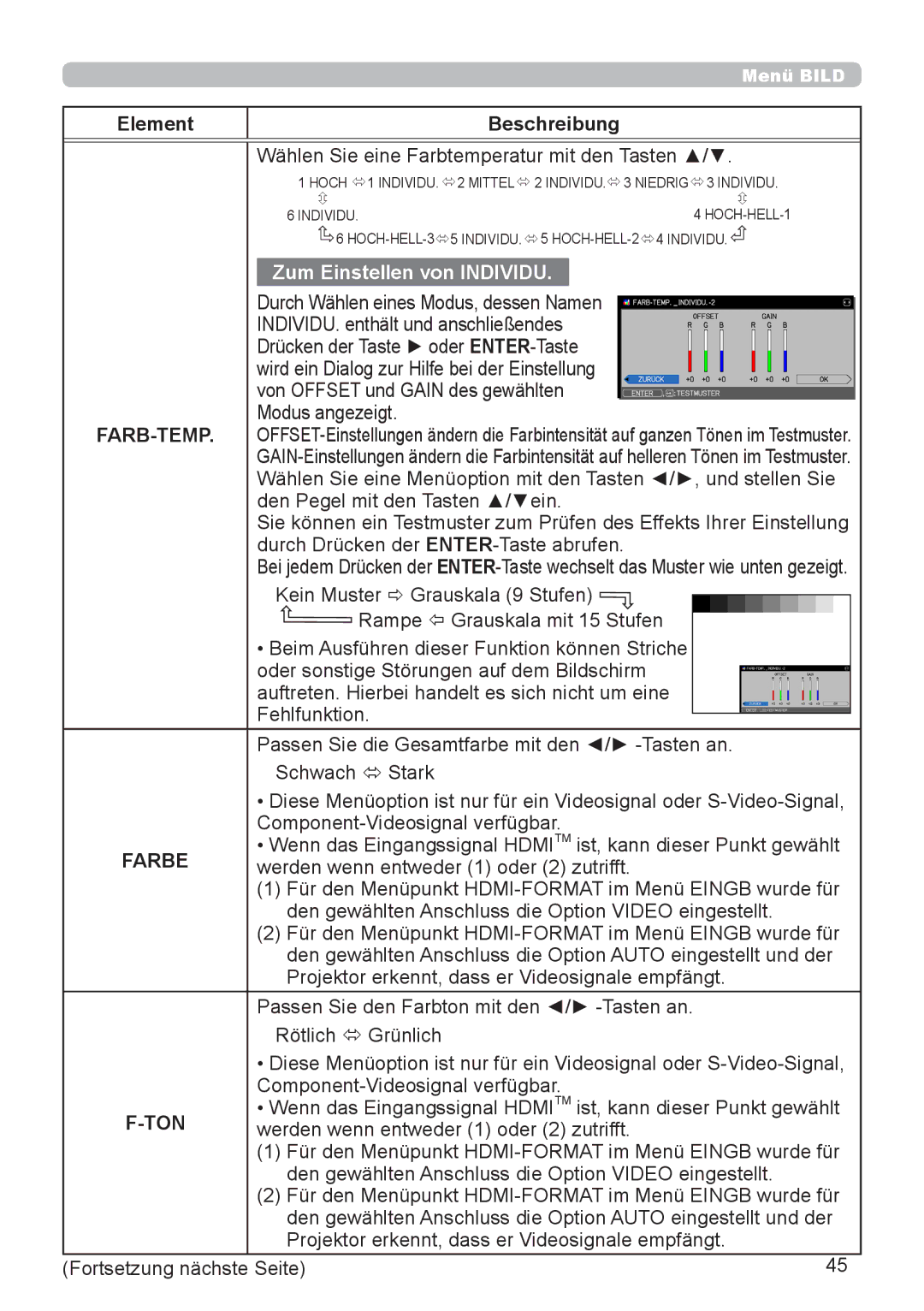 InFocus IN5132 user manual Farb-Temp, Farbe, Ton 