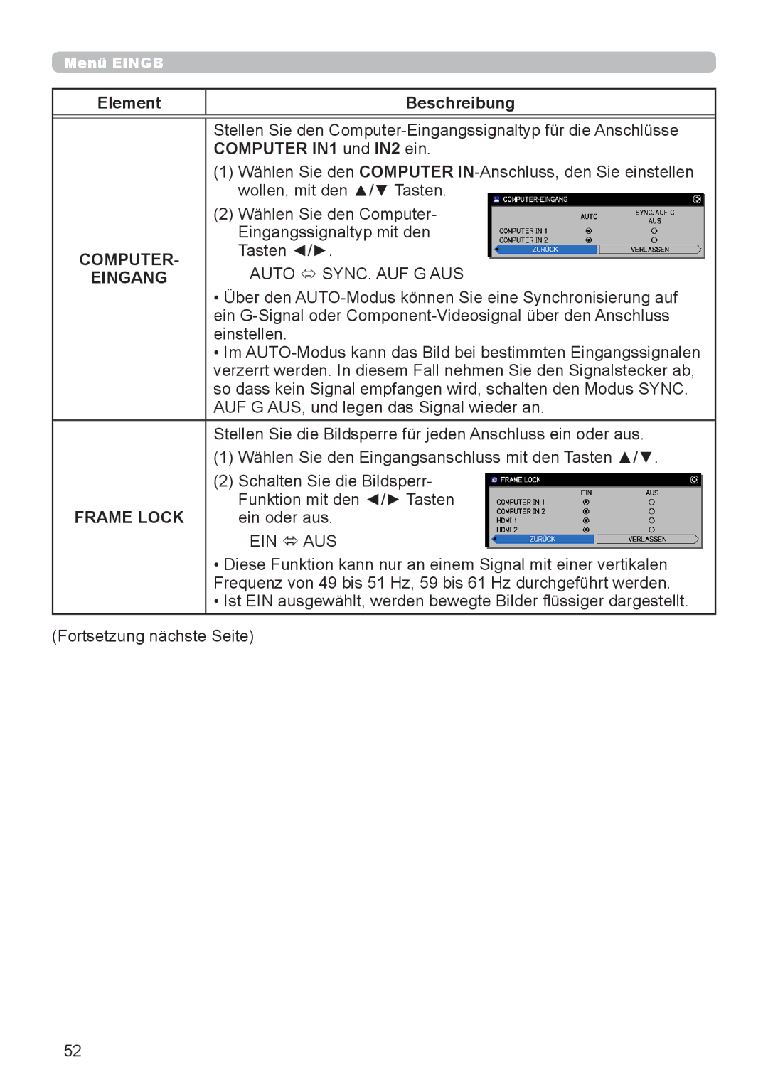 InFocus IN5132 user manual Computer IN1 und IN2 ein, Eingang, Frame Lock 