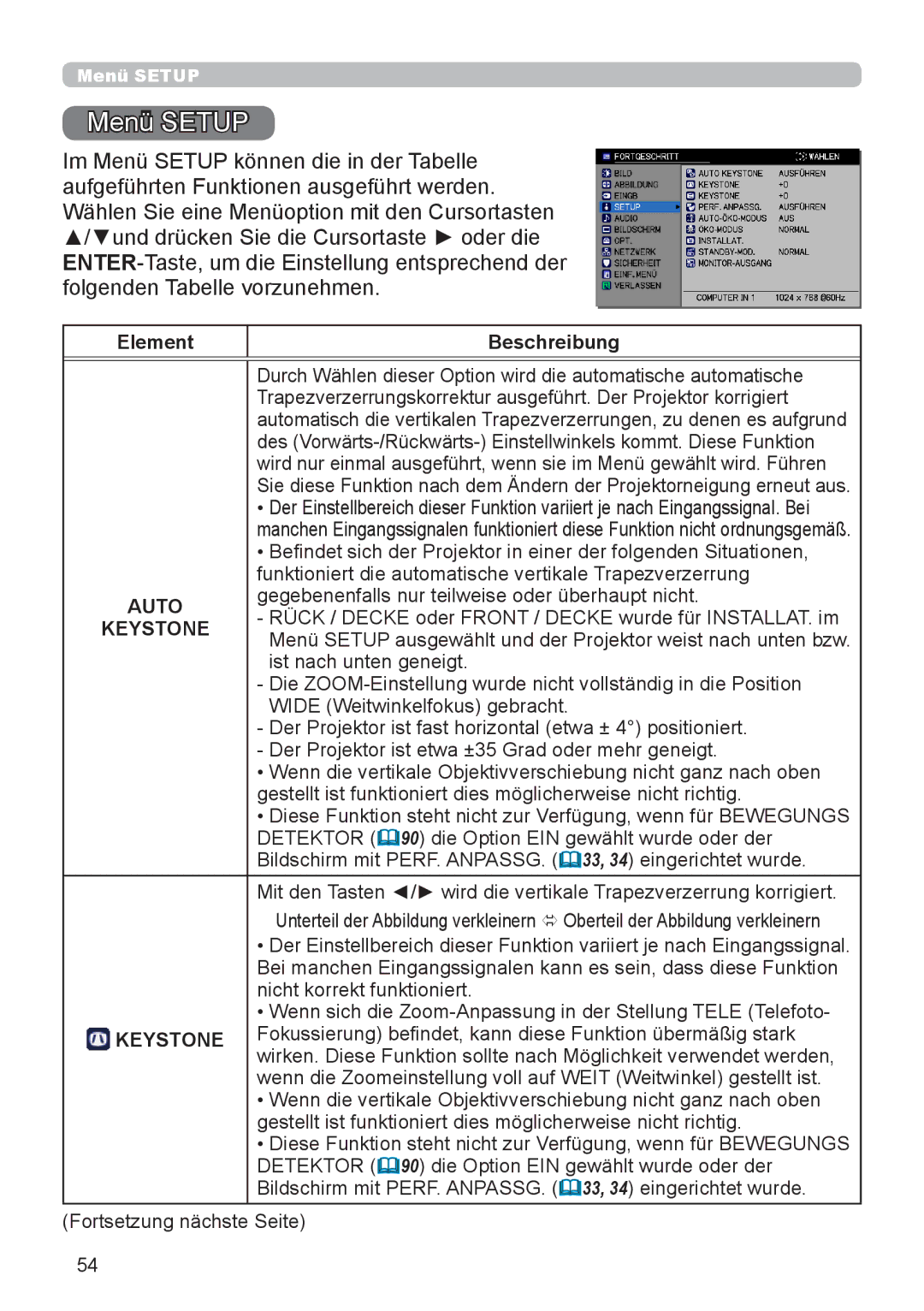 InFocus IN5132 user manual Menü Setup 