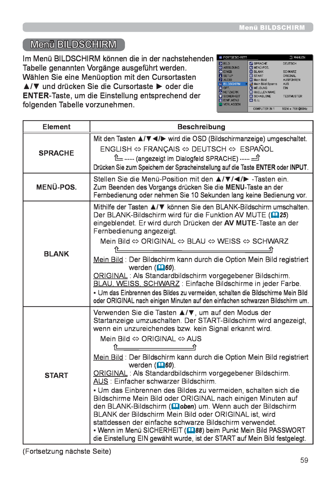 InFocus IN5132 user manual Menü BILDSCHIRM, Element, Beschreibung, Sprache, Menü-Pos, Blank, Start 