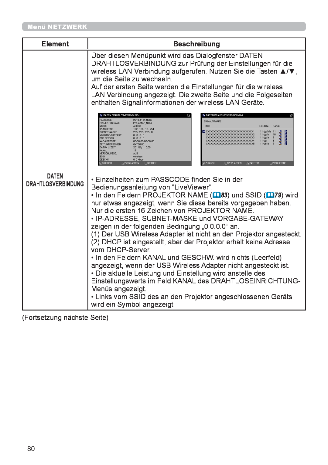 InFocus IN5132 user manual Element, Beschreibung, Daten, Drahtlosverbindung 