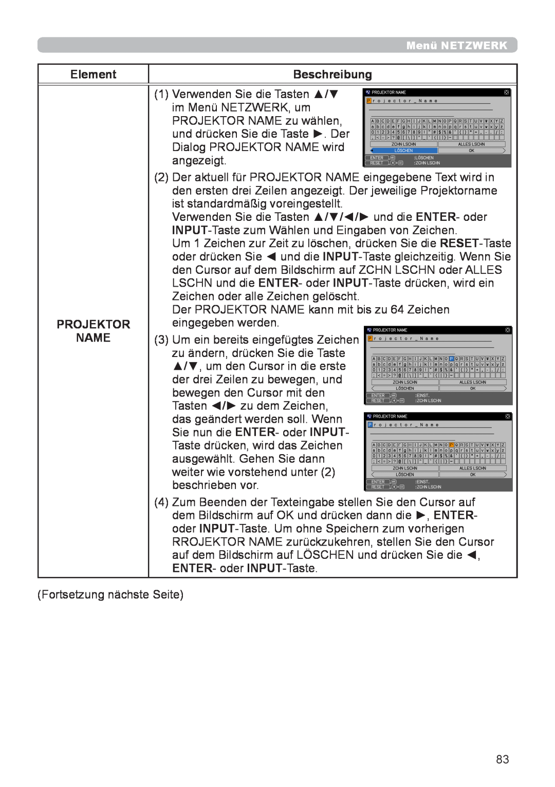 InFocus IN5132 user manual Element, Beschreibung, Projektor Name 
