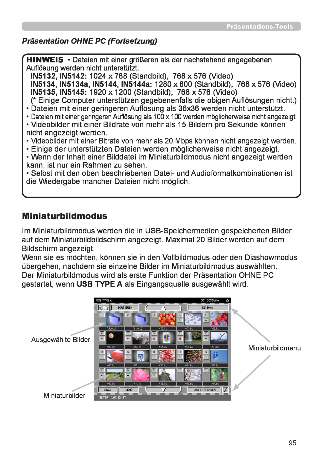 InFocus IN5132 user manual Miniaturbildmodus, Präsentation OHNE PC Fortsetzung 