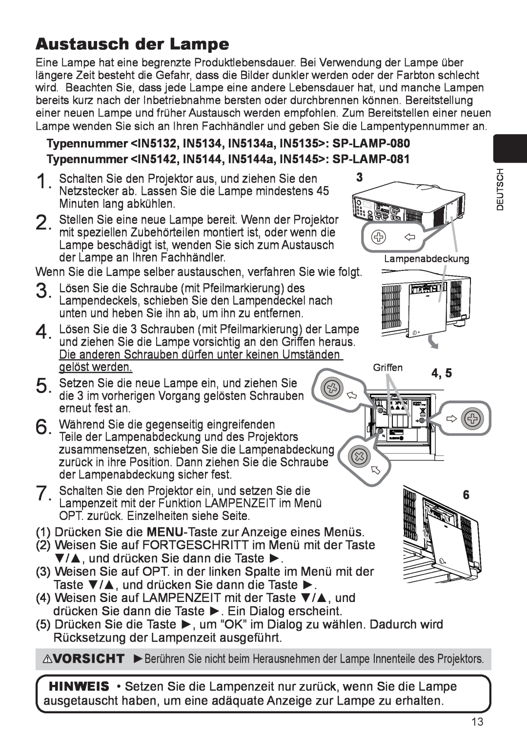 InFocus user manual Austausch der Lampe, Typennummer IN5132, IN5134, IN5134a, IN5135 SP-LAMP-080 