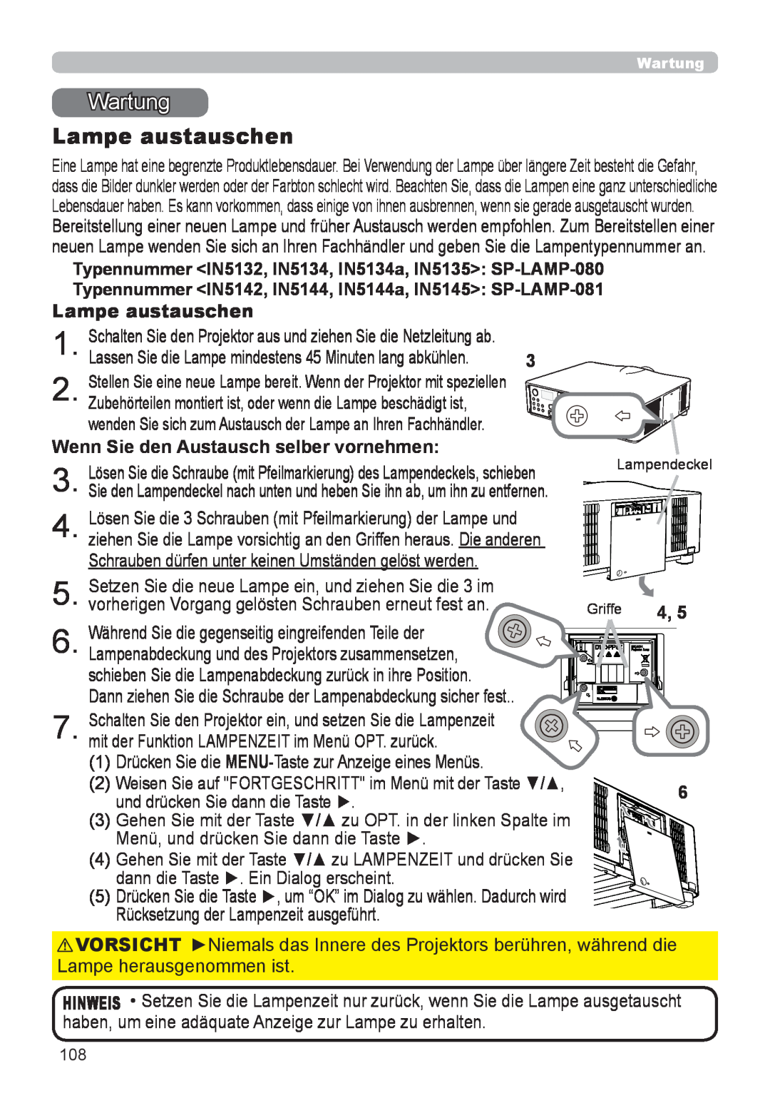 InFocus user manual Wartung, Lampe austauschen, Typennummer IN5132, IN5134, IN5134a, IN5135 SP-LAMP-080 