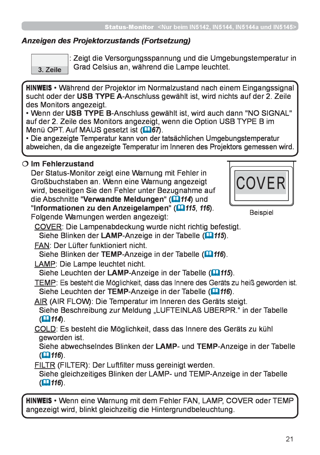 InFocus IN5132 user manual Cover, Anzeigen des Projektorzustands Fortsetzung,  Im Fehlerzustand 