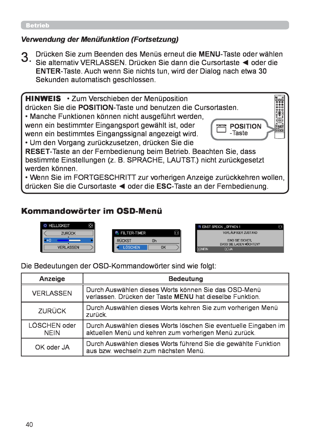 InFocus IN5132 user manual Kommandowörter im OSD-Menü, Verwendung der Menüfunktion Fortsetzung 