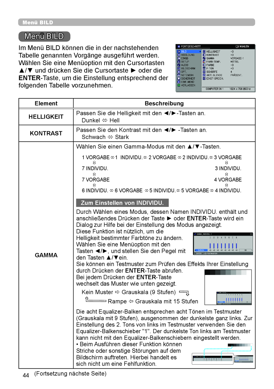 InFocus IN5132 user manual Menü BILD, Element, Beschreibung, Helligkeit, Kontrast, Zum Einstellen von INDIVIDU, Gamma 