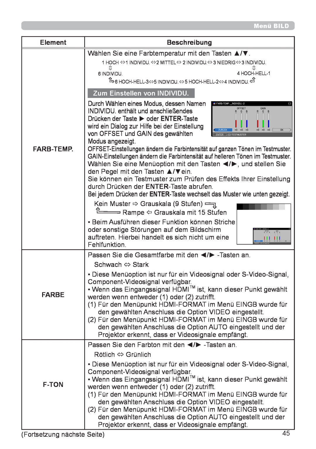 InFocus IN5132 user manual Element, Beschreibung, Zum Einstellen von INDIVIDU, Farb-Temp, Farbe, F-Ton 