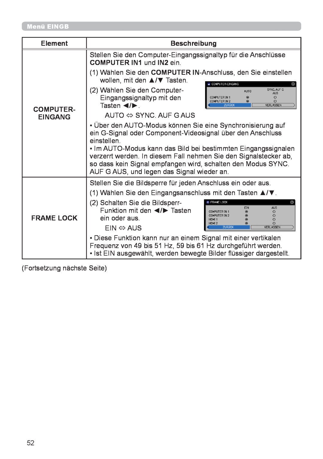 InFocus IN5132 user manual Element, Beschreibung, COMPUTER IN1 und IN2 ein, Computer, Eingang, Frame Lock 