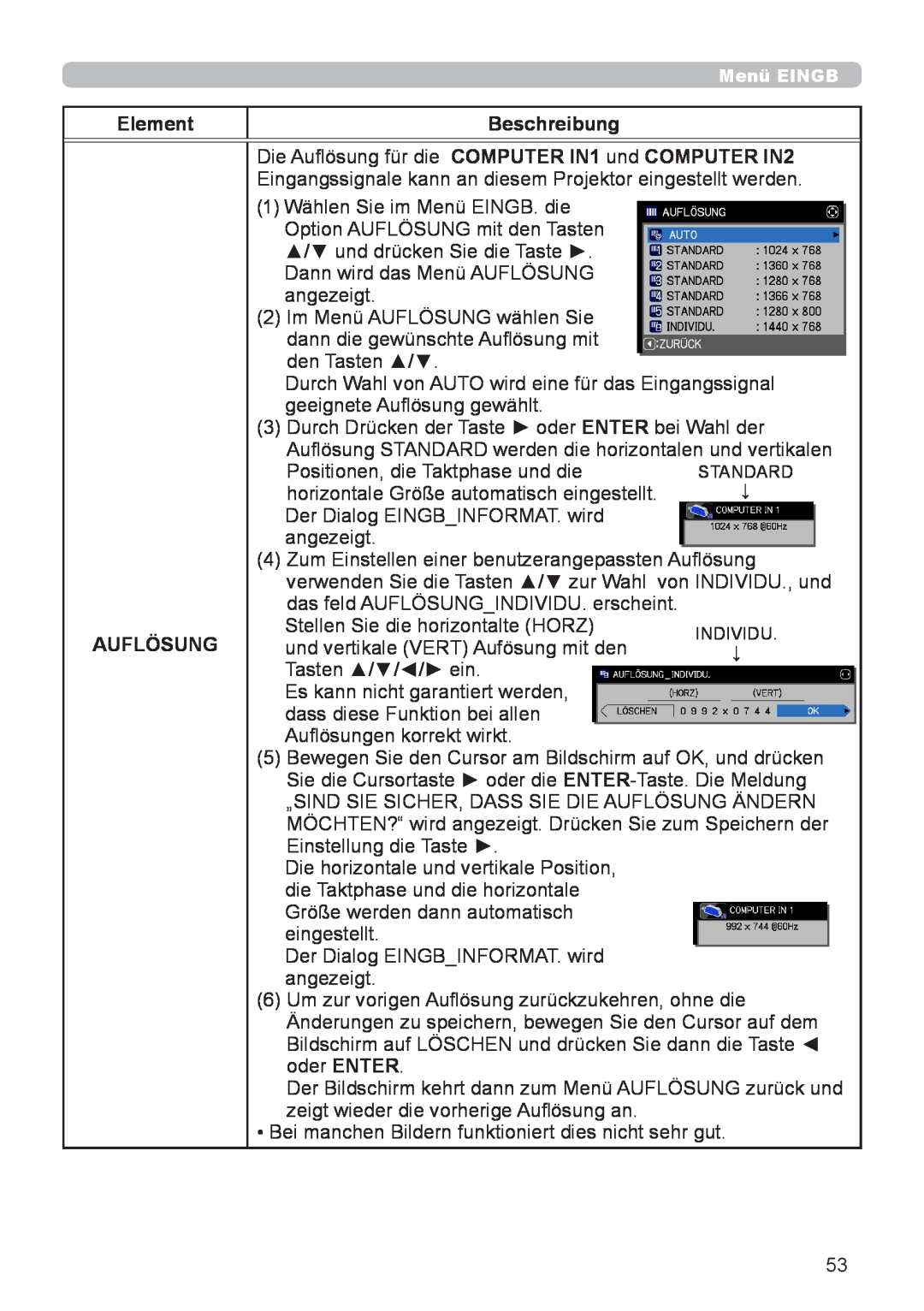 InFocus IN5132 user manual Element, Beschreibung, Die Auflösung für die COMPUTER IN1 und COMPUTER IN2 