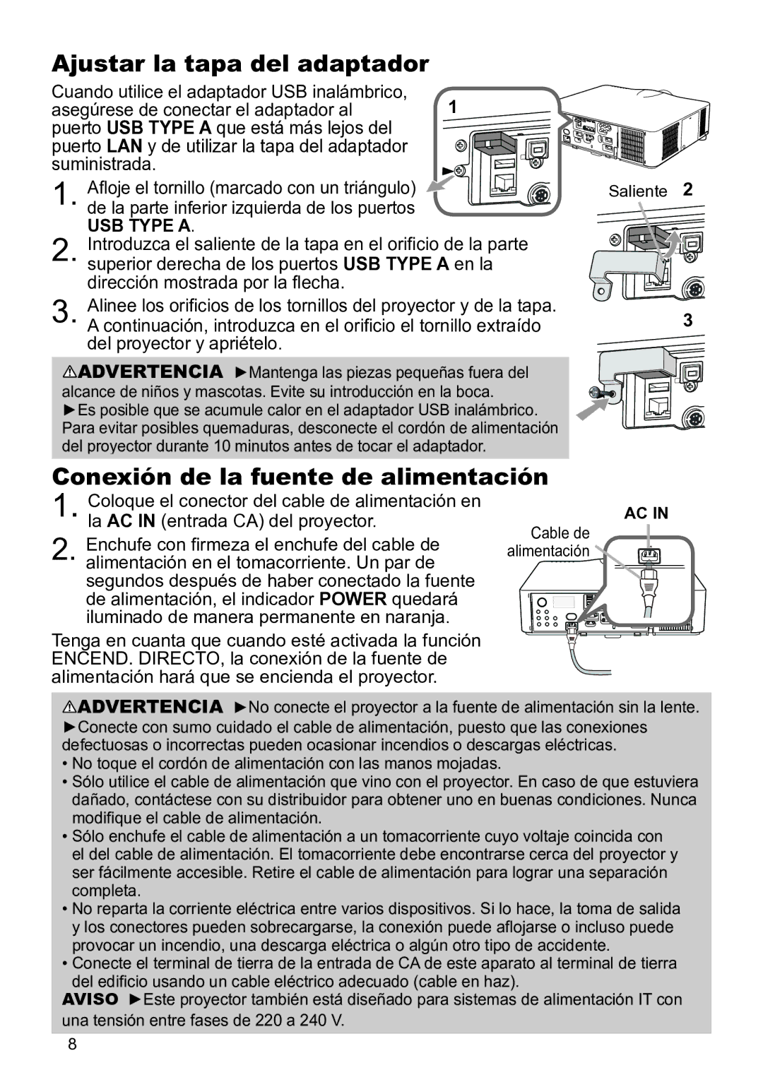 InFocus IN5142C, IN5135C, IN5134C, IN5132C, IN5144C Ajustar la tapa del adaptador, Conexión de la fuente de alimentación 