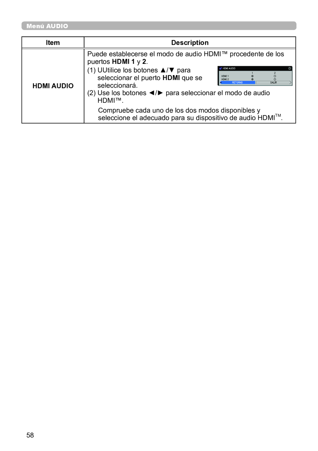 InFocus IN5135C, IN5134C, IN5132C, IN5144C, IN5142C, IN5145C user manual Description, Hdmi Audio 