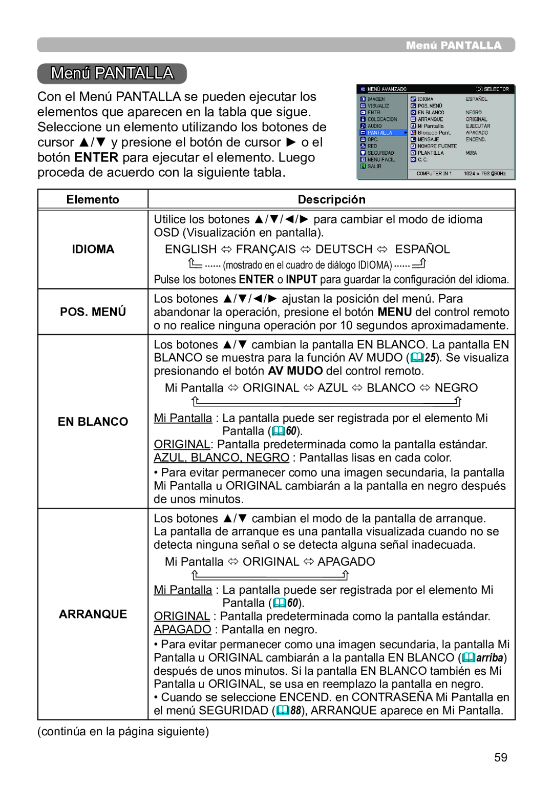 InFocus IN5134C, IN5135C, IN5132C, IN5144C, IN5142C, IN5145C user manual Menú Pantalla, POS. Menú, EN Blanco, Arranque 