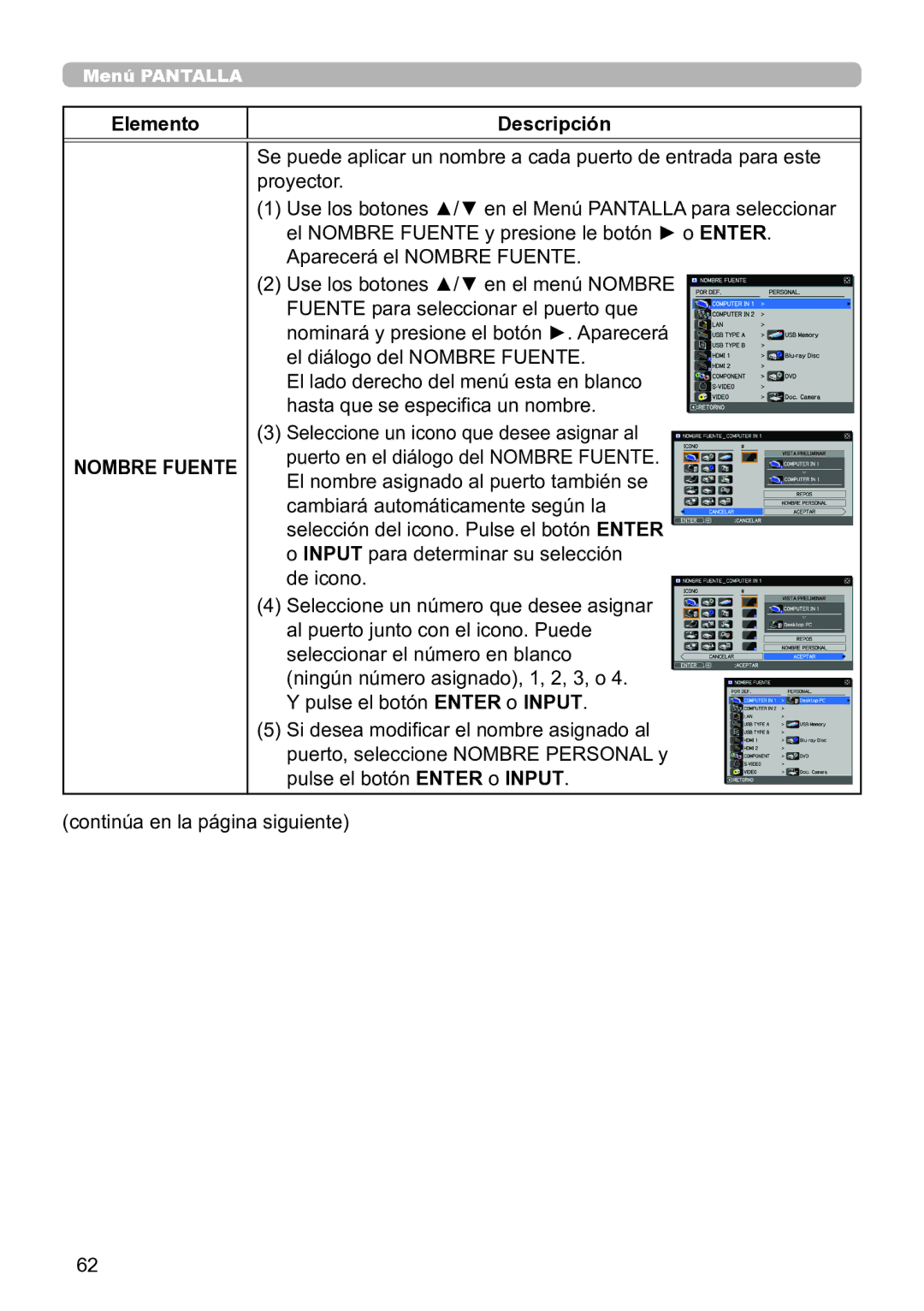 InFocus IN5142C, IN5135C, IN5134C, IN5132C, IN5144C, IN5145C user manual Nombre Fuente 