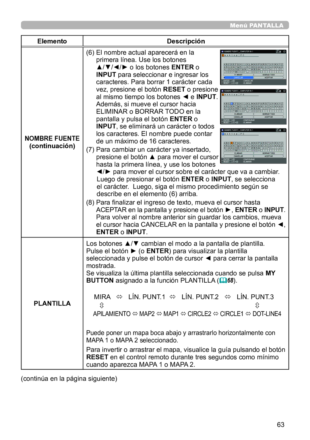 InFocus IN5145C, IN5135C, IN5134C, IN5132C, IN5144C, IN5142C user manual Continuación, Enter o Input, Plantilla, Mira 