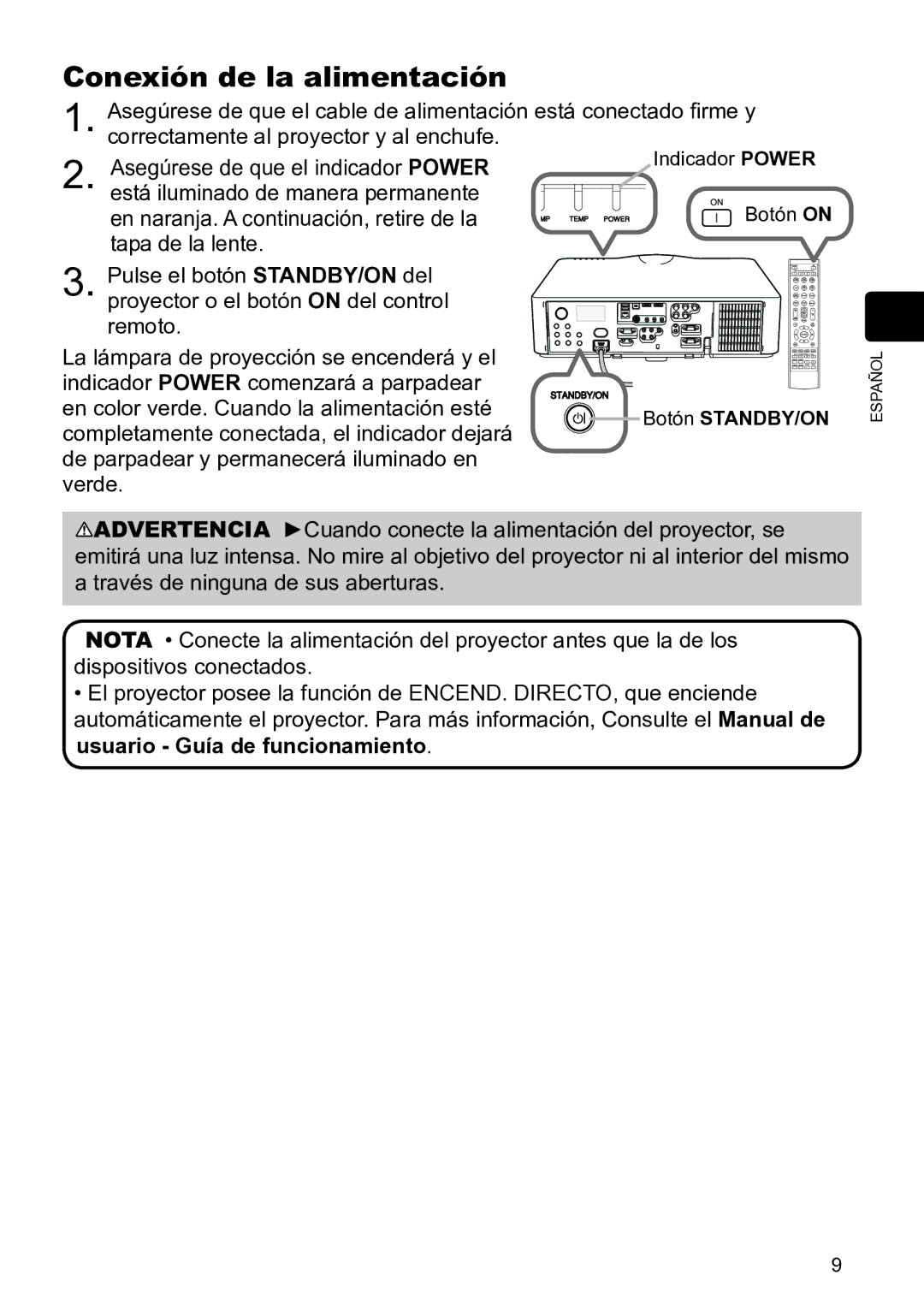 InFocus IN5145C, IN5135C, IN5134C, IN5132C, IN5144C, IN5142C user manual Conexión de la alimentación 