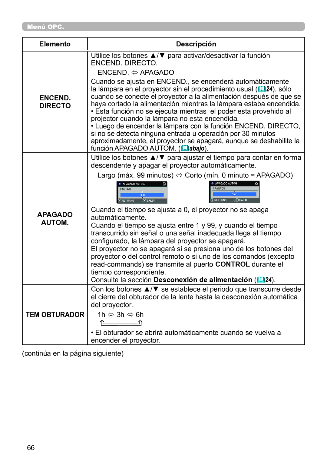 InFocus IN5132C, IN5135C, IN5134C, IN5144C, IN5142C, IN5145C user manual Encend, Directo, Apagado, Autom, TEM Obturador 