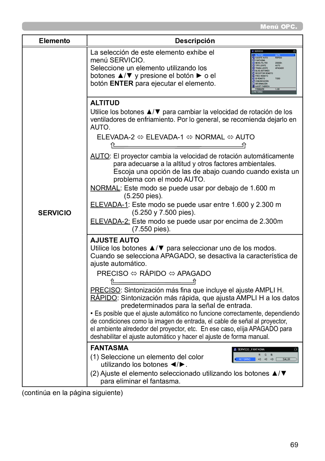 InFocus IN5145C, IN5135C, IN5134C, IN5132C, IN5144C, IN5142C user manual Servicio, Altitud, Preciso  Rápido  Apagado, Fantasma 