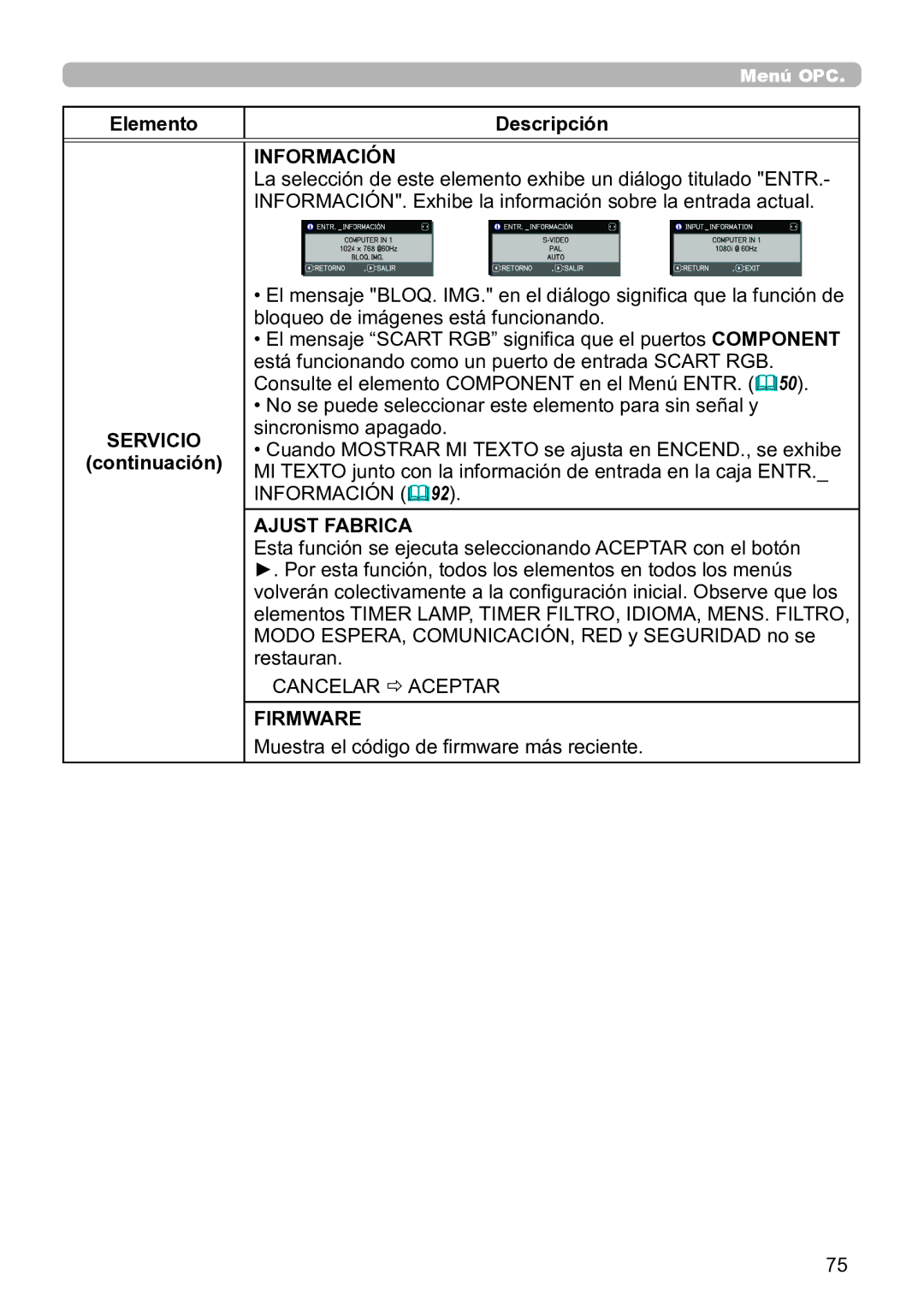 InFocus IN5145C INFORMACIÓN. Exhibe la información sobre la entrada actual, Información , Ajust Fabrica, Firmware 