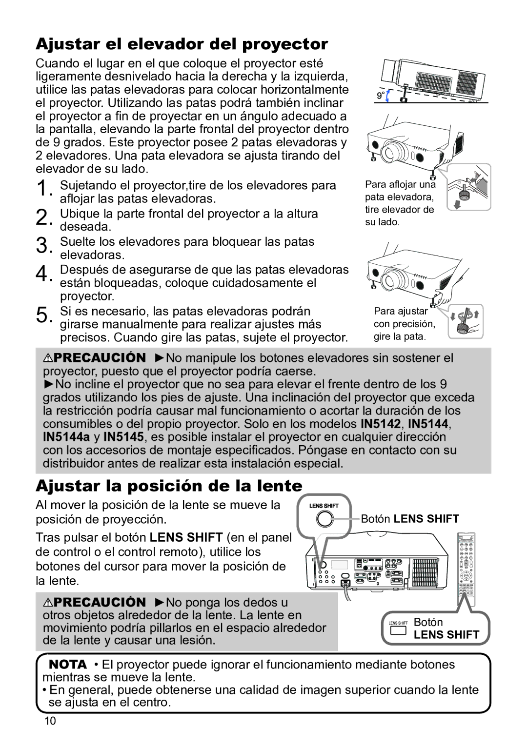 InFocus IN5135C, IN5134C, IN5132C Ajustar el elevador del proyector, Ajustar la posición de la lente, Botón Lens Shift 