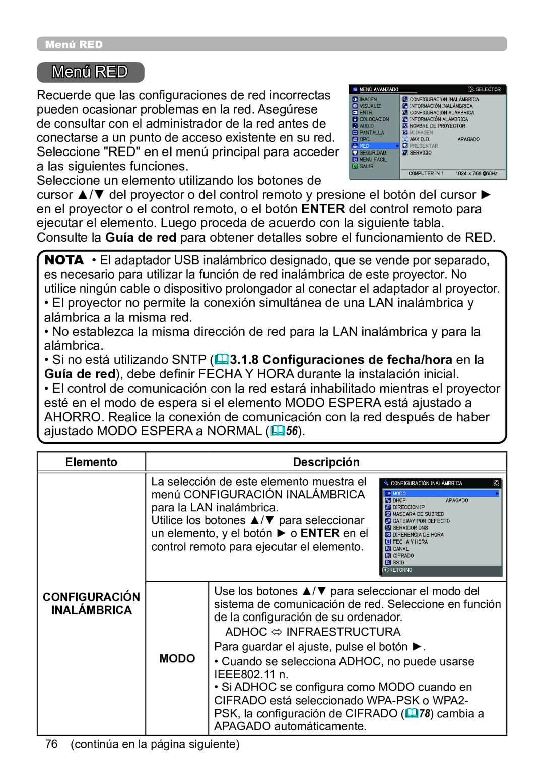 InFocus IN5135C, IN5134C, IN5132C, IN5144C, IN5142C, IN5145C user manual Menú RED, Configuración Inalámbrica 