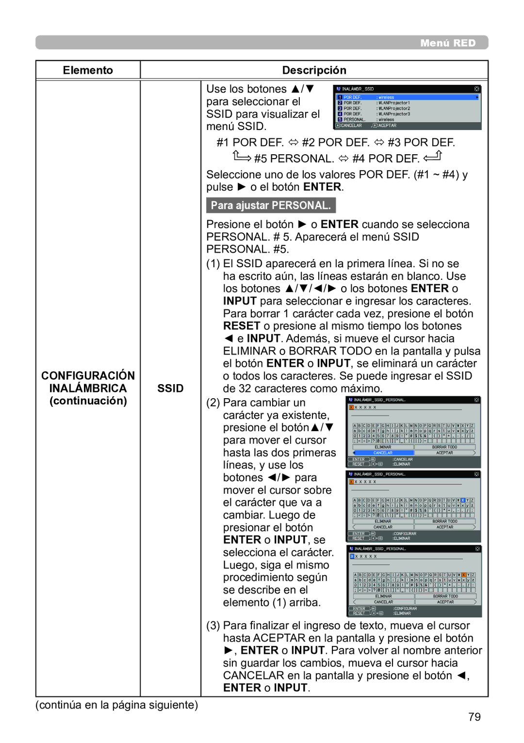 InFocus IN5144C, IN5135C, IN5134C, IN5132C #5 PERSONAL.  #4 POR DEF, PERSONAL. #5, Inalámbrica Ssid, Enter o Input , se 