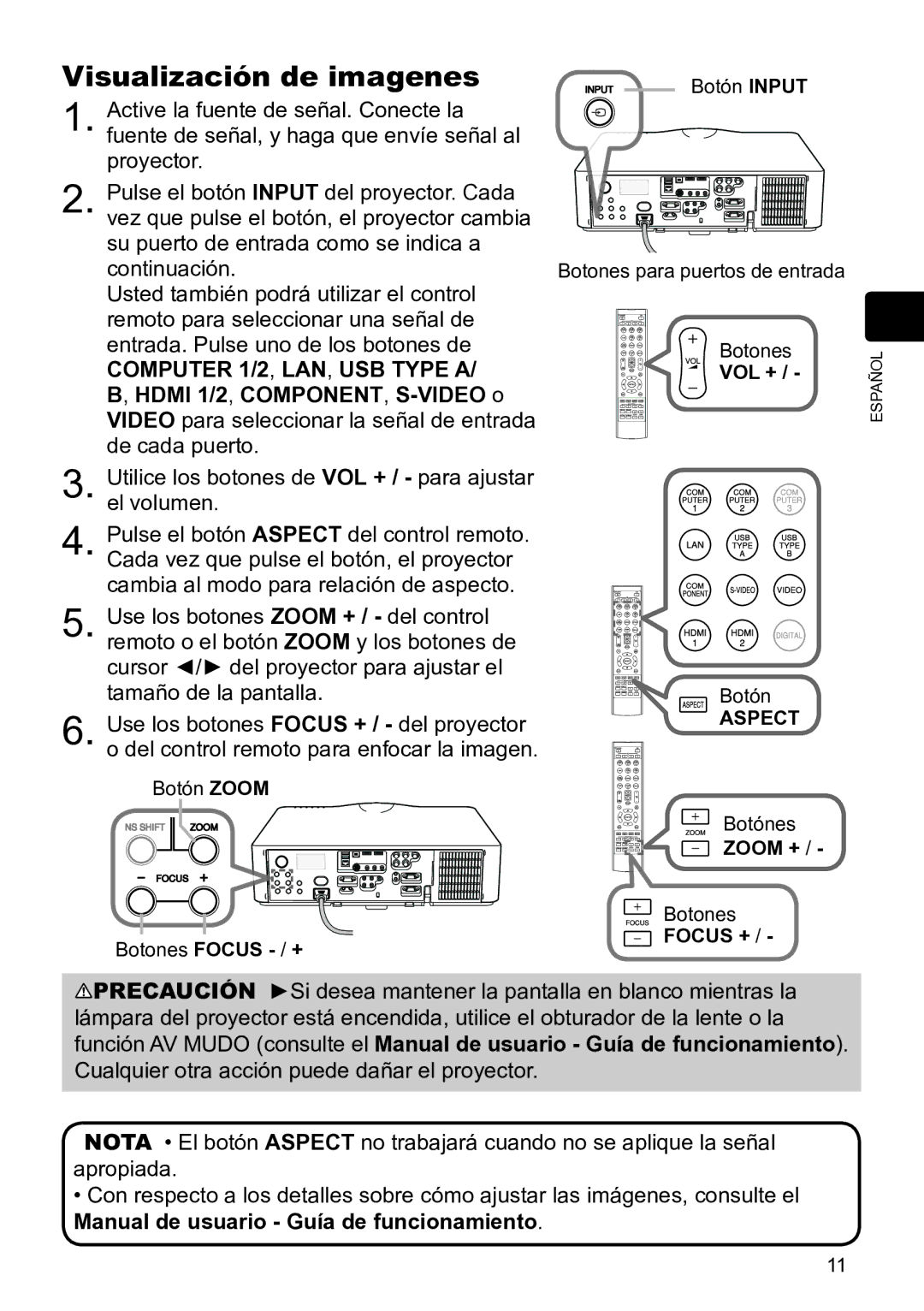 InFocus IN5134C, IN5135C, IN5132C, IN5144C Visualización de imagenes, Manual de usuario Guía de funcionamiento, Aspect 