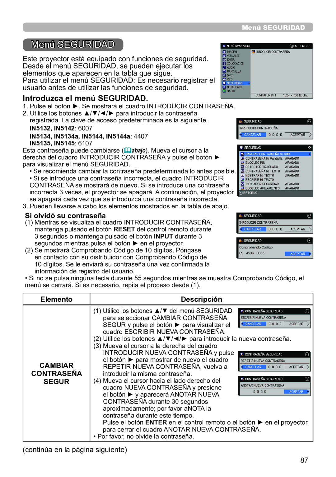 InFocus IN5145C, IN5135C, IN5134C, IN5132C, IN5144C, IN5142C Menú Seguridad, Introduzca el menú Seguridad, Cambiar, Contraseña 