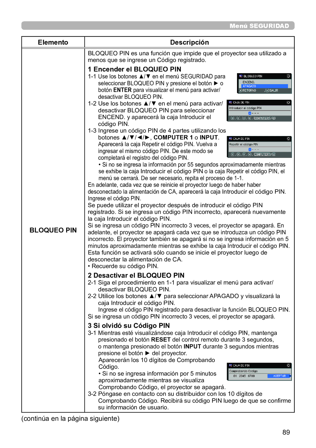 InFocus IN5134C, IN5135C, IN5132C, IN5144C Encender el Bloqueo PIN, Desactivar el Bloqueo PIN, Si olvidó su Código PIN 