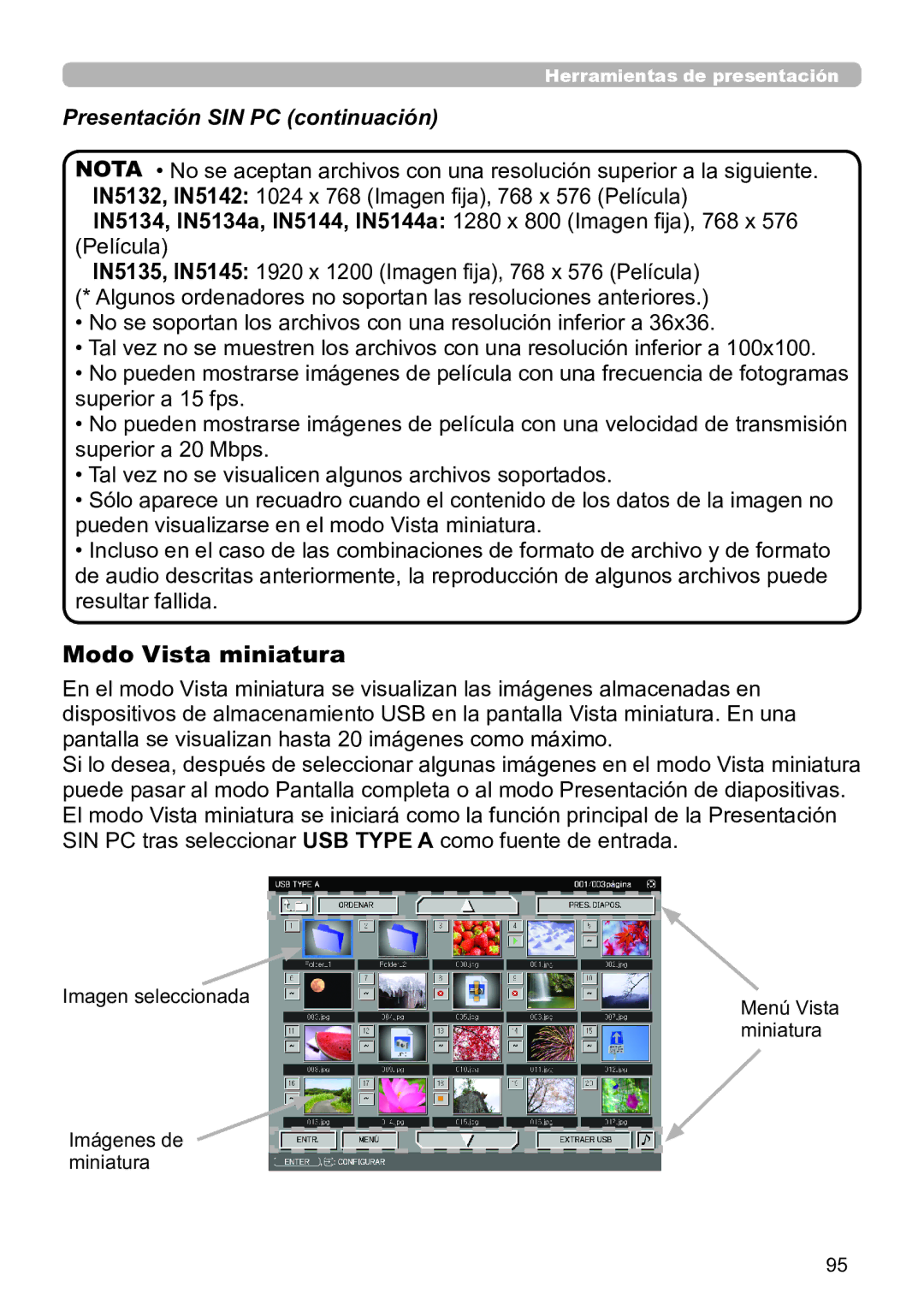 InFocus IN5134C, IN5135C, IN5132C, IN5144C, IN5142C, IN5145C user manual Modo Vista miniatura, Presentación SIN PC continuación 