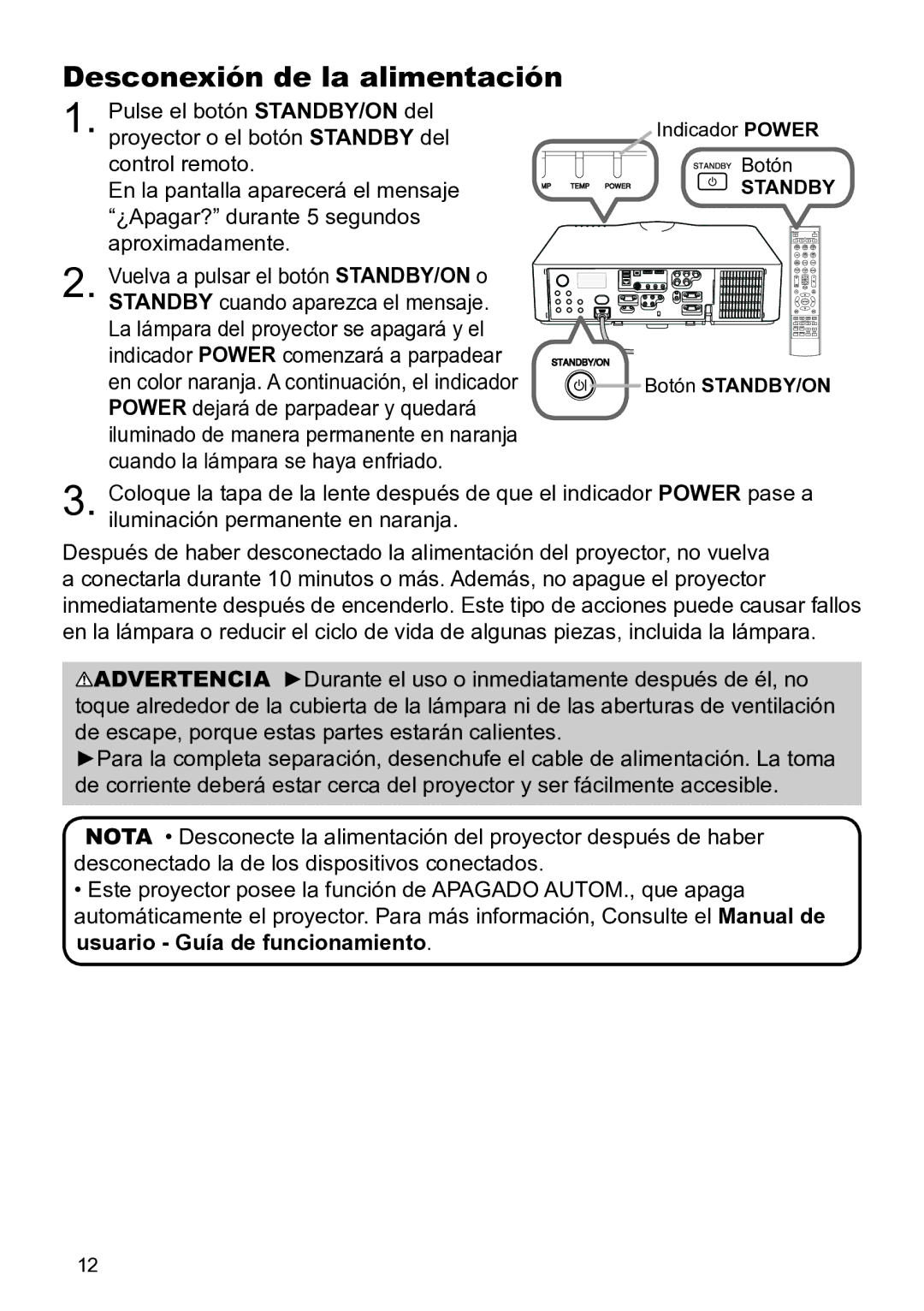 InFocus IN5132C, IN5135C Desconexión de la alimentación, Control remoto, En la pantalla aparecerá el mensaje, Standby 