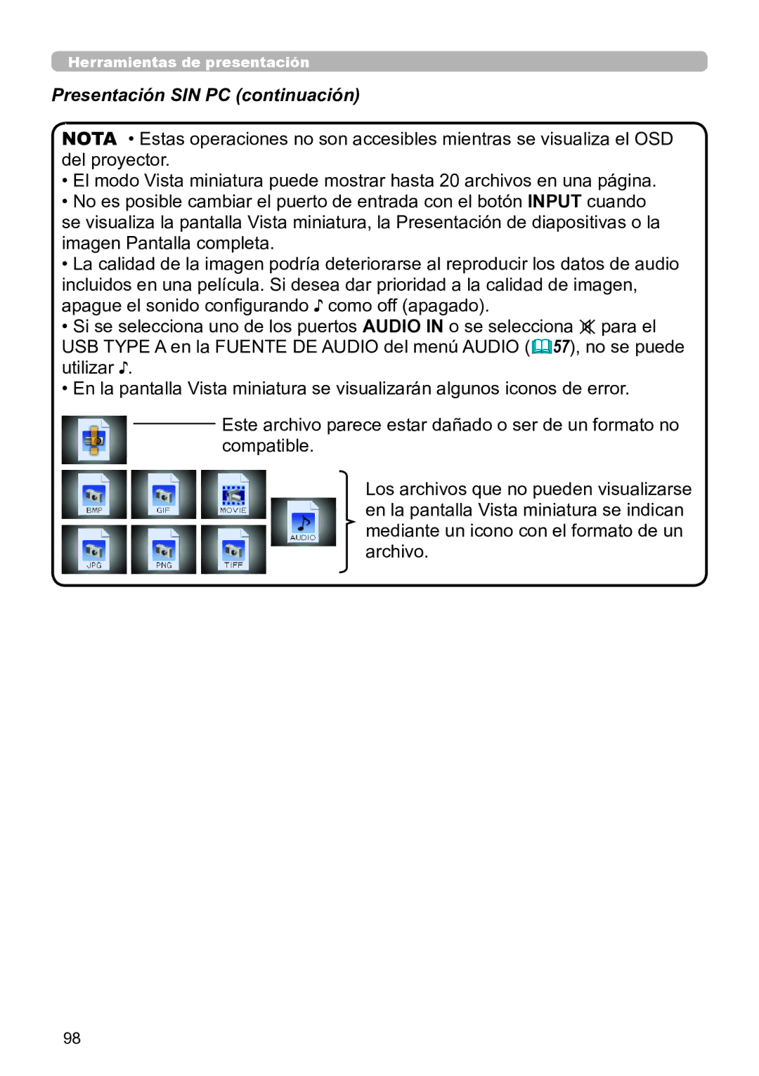 InFocus IN5142C, IN5135C, IN5134C, IN5132C, IN5144C, IN5145C user manual Presentación SIN PC continuación 