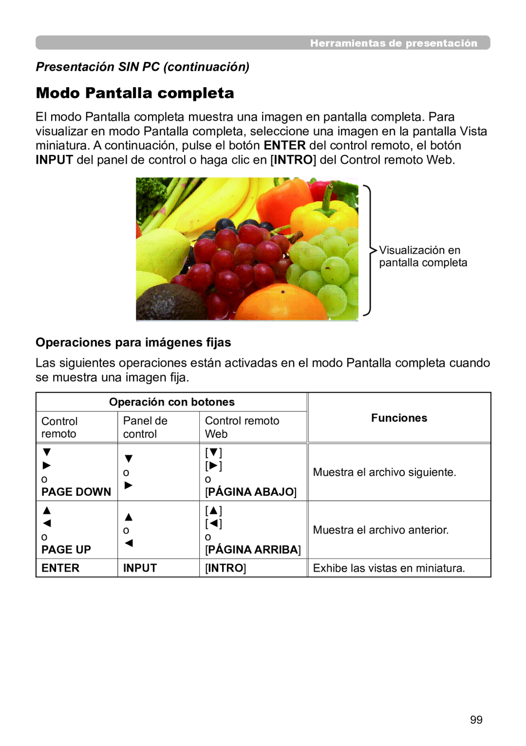 InFocus IN5145C, IN5135C, IN5134C, IN5132C Modo Pantalla completa, Operaciones para imágenes fijas, Operación con botones 