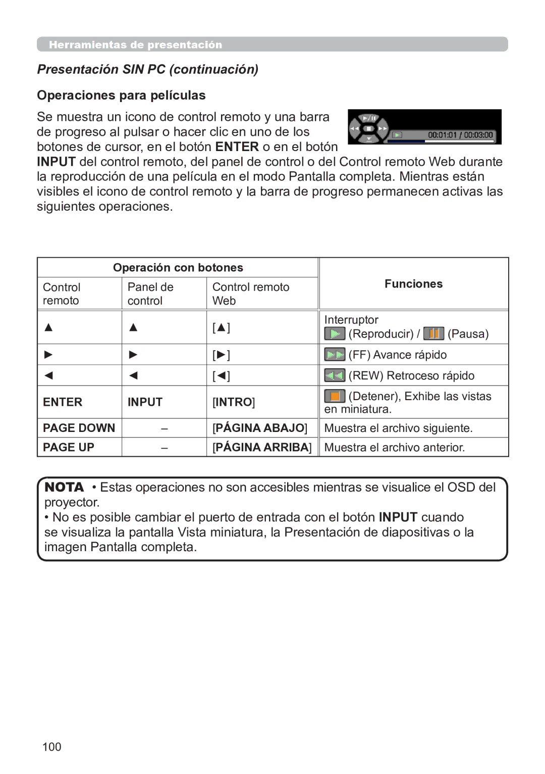 InFocus IN5135C Operaciones para películas, Remoto Control Web Interruptor Reproducir Pausa, REW Retroceso rápido, 100 