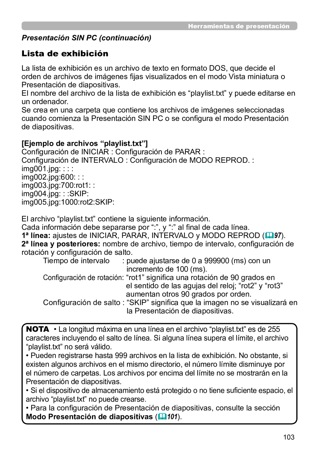 InFocus IN5144C, IN5135C, IN5134C, IN5132C, IN5142C, IN5145C user manual Ejemplo de archivos playlist.txt, 103 